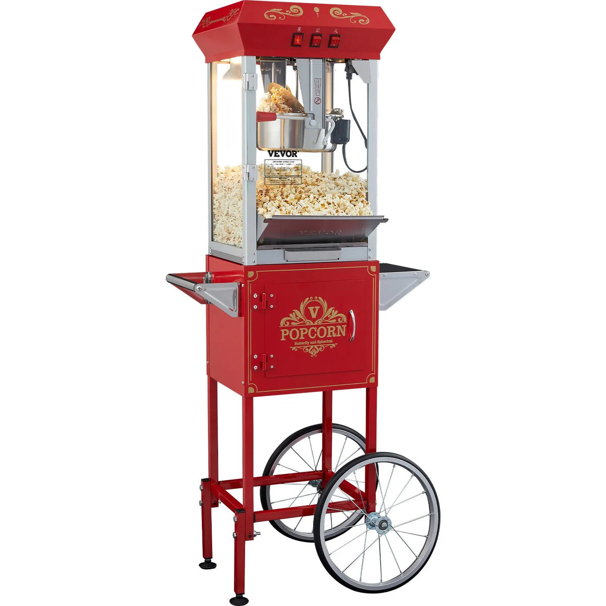 VEVOR popkorna aparāts ar ratiņiem 850 W ar 8 oz katlu līdz 48 porcijām vienā reizē, ar rūdīta stikla korpusu un 4 kausiņiem, kino stila, sarkans - ZEMLETES.LV