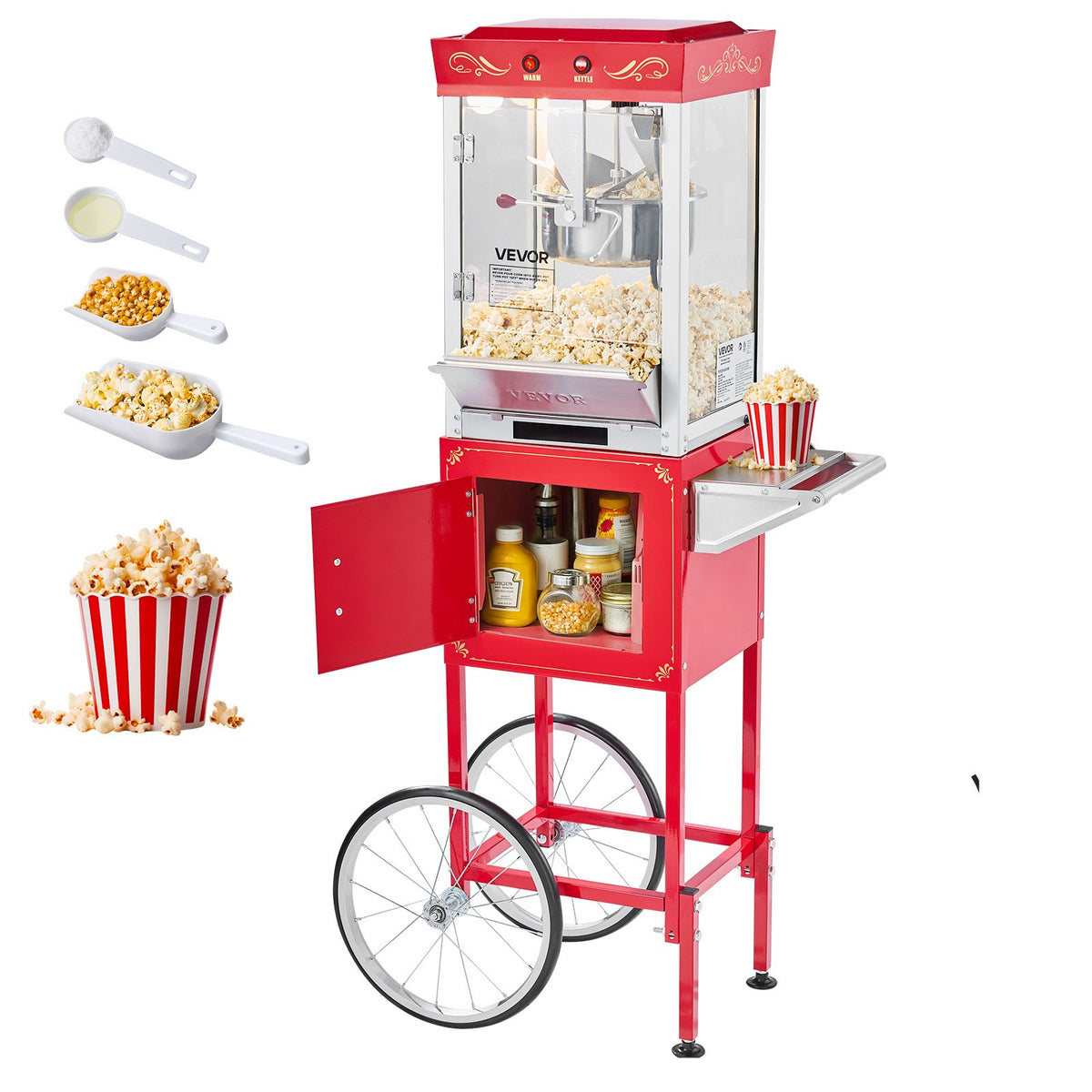 VEVOR Popcorn Machine with Trolley 800 W, 0.2 kg Kettle, 48 Portions, Glass Walls, Red