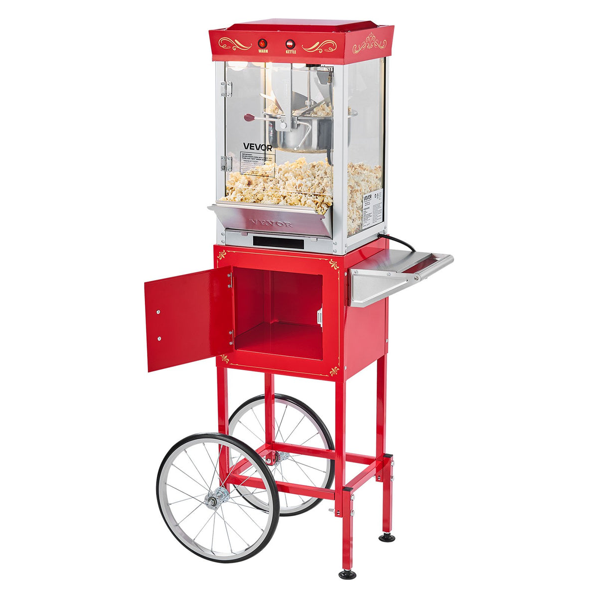 VEVOR Popcorn Machine with Trolley 800 W, 0.2 kg Kettle, 48 Portions, Glass Walls, Red