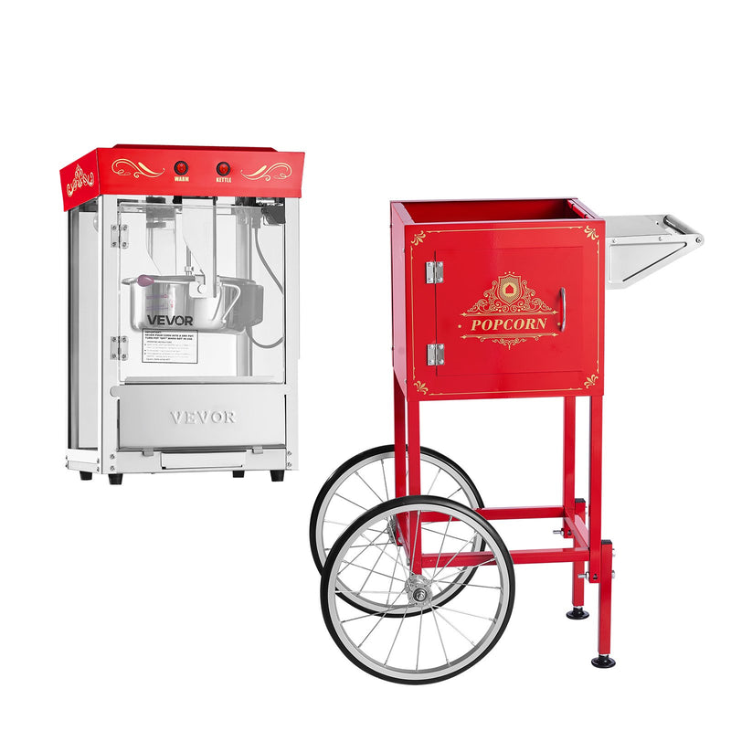 Popkorna mašīna ar ratiņiem, 0,2 kg nerūsējošā tērauda katls, 800 W, 48 porcijas, stikla sienas, PC durvis, sarkana
