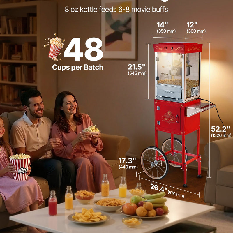 Popkorna mašīna ar ratiņiem, 0,2 kg nerūsējošā tērauda katls, 800 W, 48 porcijas, stikla sienas, PC durvis, sarkana