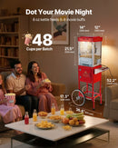 Popkorna mašīna ar ratiņiem, 0,2 kg nerūsējošā tērauda katls, 800 W, 48 porcijas, stikla sienas, PC durvis, sarkana