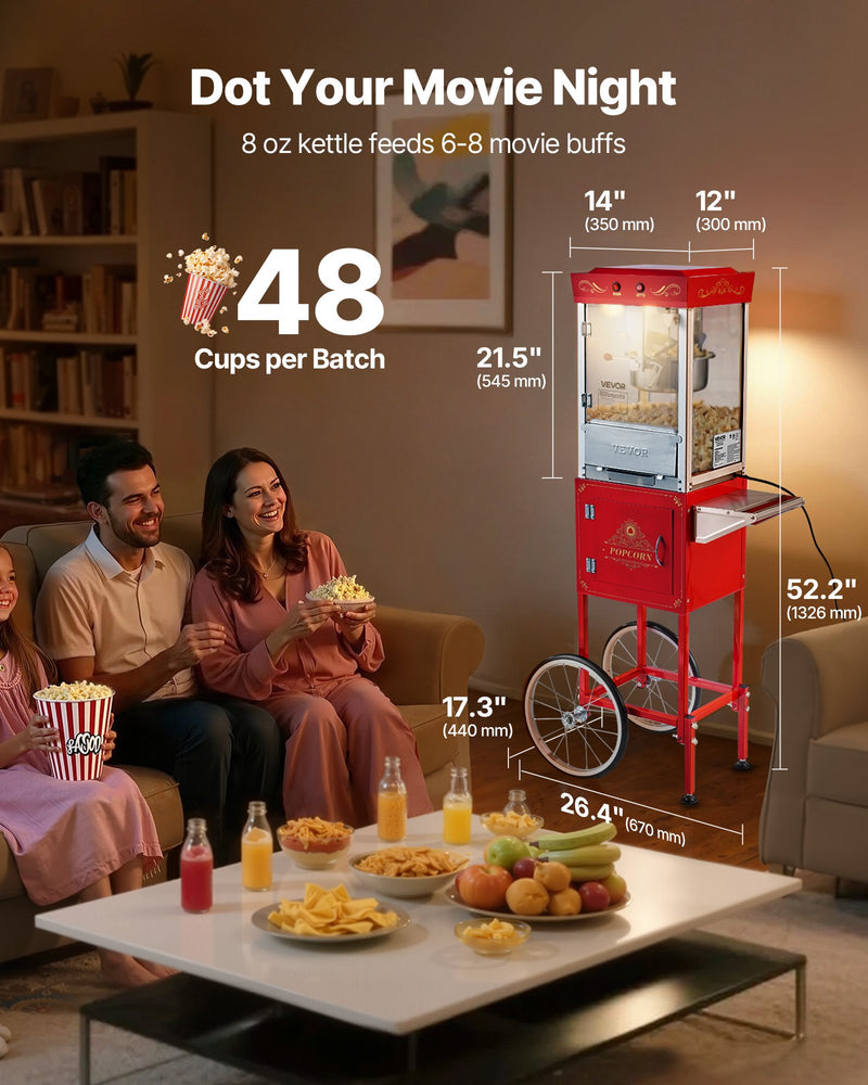 Popkorna mašīna ar ratiņiem, 0,2 kg nerūsējošā tērauda katls, 800 W, 48 porcijas, stikla sienas, PC durvis, sarkana