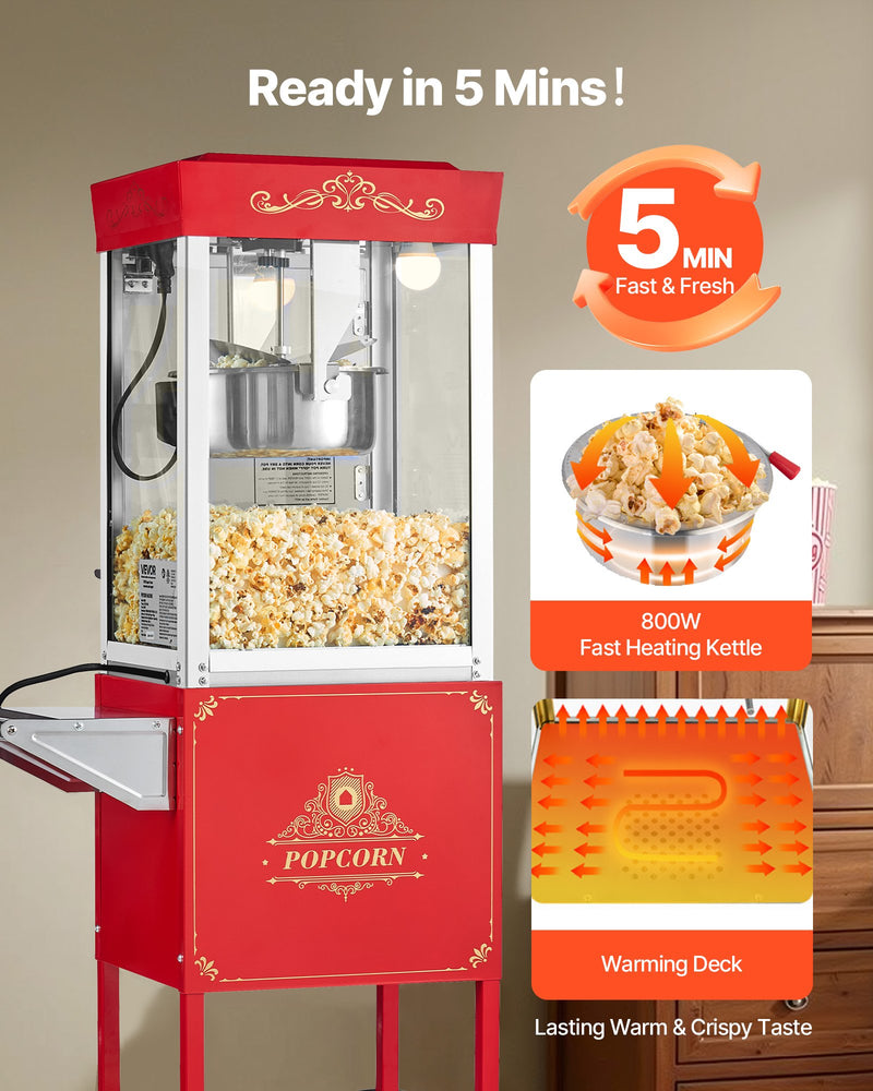 Popkorna mašīna ar ratiņiem, 0,2 kg nerūsējošā tērauda katls, 800 W, 48 porcijas, stikla sienas, PC durvis, sarkana