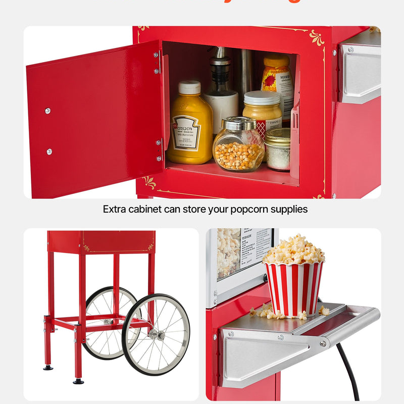 Popkorna mašīna ar ratiņiem, 0,2 kg nerūsējošā tērauda katls, 800 W, 48 porcijas, stikla sienas, PC durvis, sarkana