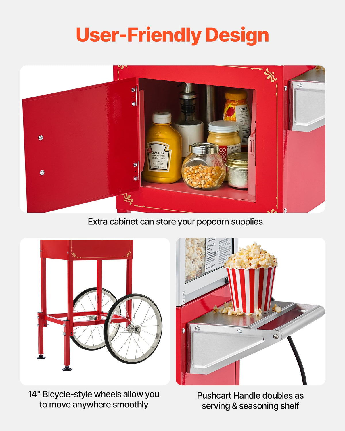 VEVOR Popcorn Machine with Trolley 800 W, 0.2 kg Kettle, 48 Portions, Glass Walls, Red