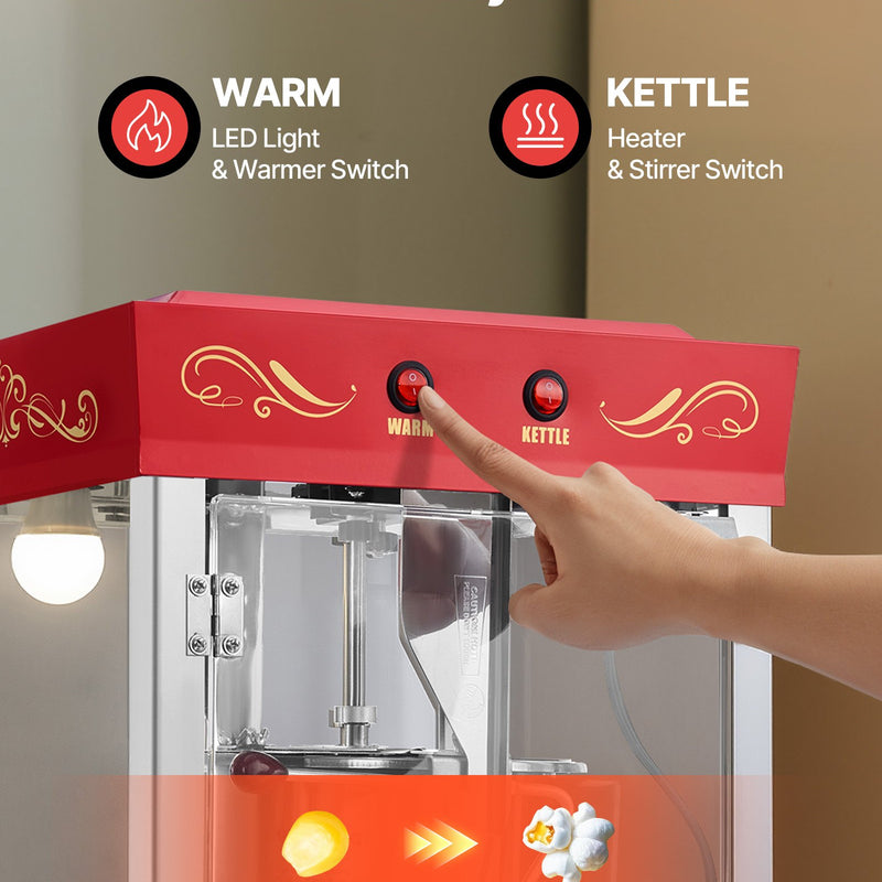 Popkorna mašīna ar ratiņiem, 0,2 kg nerūsējošā tērauda katls, 800 W, 48 porcijas, stikla sienas, PC durvis, sarkana