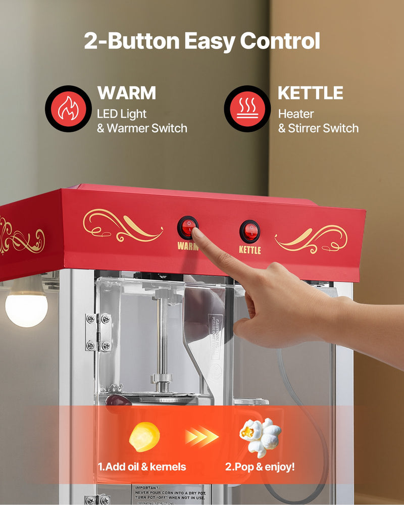 Popkorna mašīna ar ratiņiem, 0,2 kg nerūsējošā tērauda katls, 800 W, 48 porcijas, stikla sienas, PC durvis, sarkana