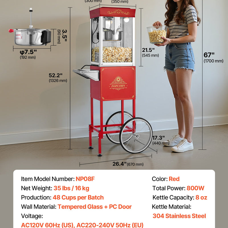 Popkorna mašīna ar ratiņiem, 0,2 kg nerūsējošā tērauda katls, 800 W, 48 porcijas, stikla sienas, PC durvis, sarkana