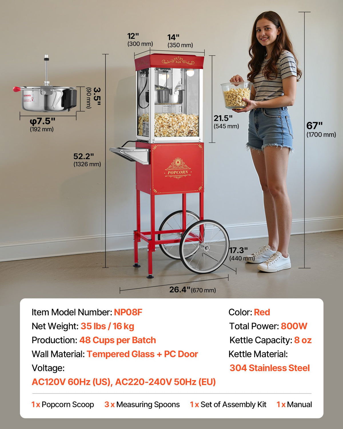 VEVOR Popcorn Machine with Trolley 800 W, 0.2 kg Kettle, 48 Portions, Glass Walls, Red
