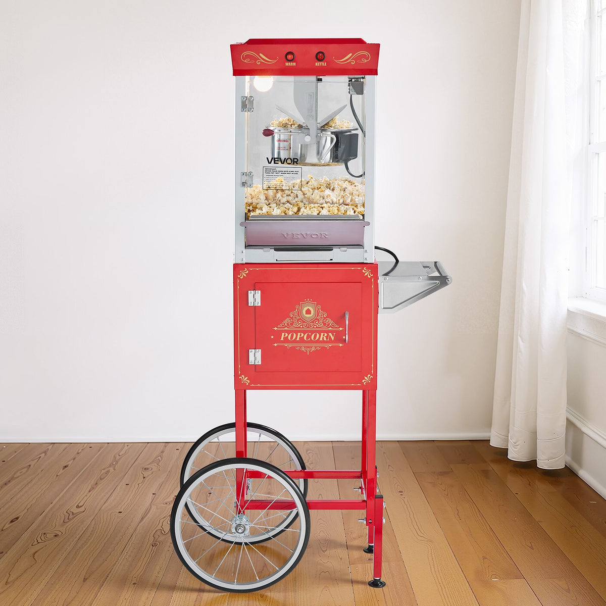VEVOR Popcorn Machine with Trolley 800 W, 0.2 kg Kettle, 48 Portions, Glass Walls, Red