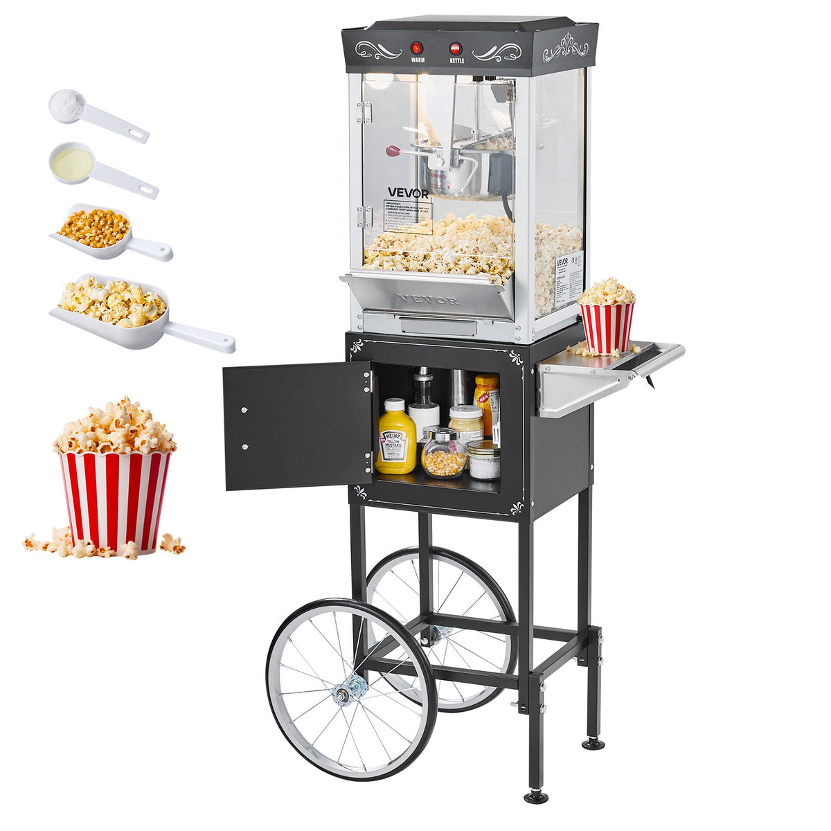 VEVOR popkornimasin käruga 800 W, 0,2 kg pott, 48 portsjonit, klaasseinad, must