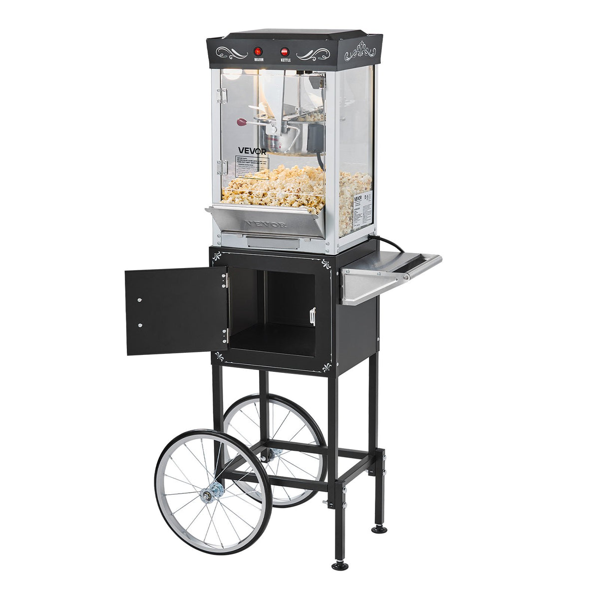 VEVOR popkornimasin käruga 800 W, 0,2 kg pott, 48 portsjonit, klaasseinad, must