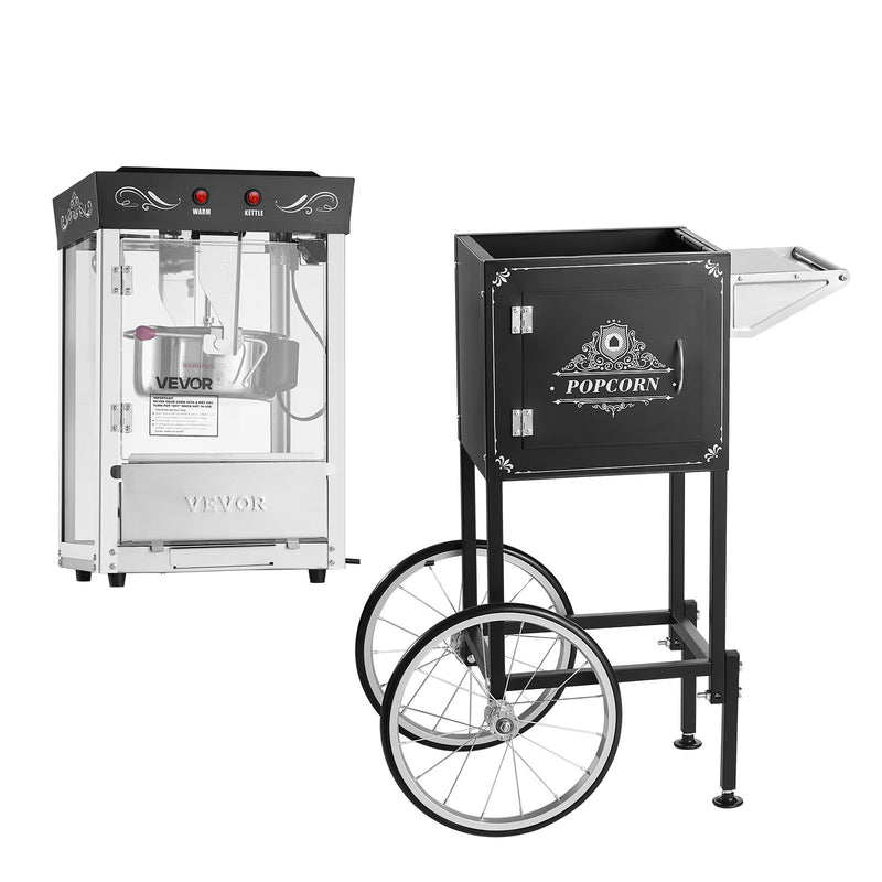 Popkorna mašīna ar ratiņiem, 0,2 kg nerūsējošā tērauda katls, 800 W, 48 porcijas, stikla sienas, PC durvis, melna