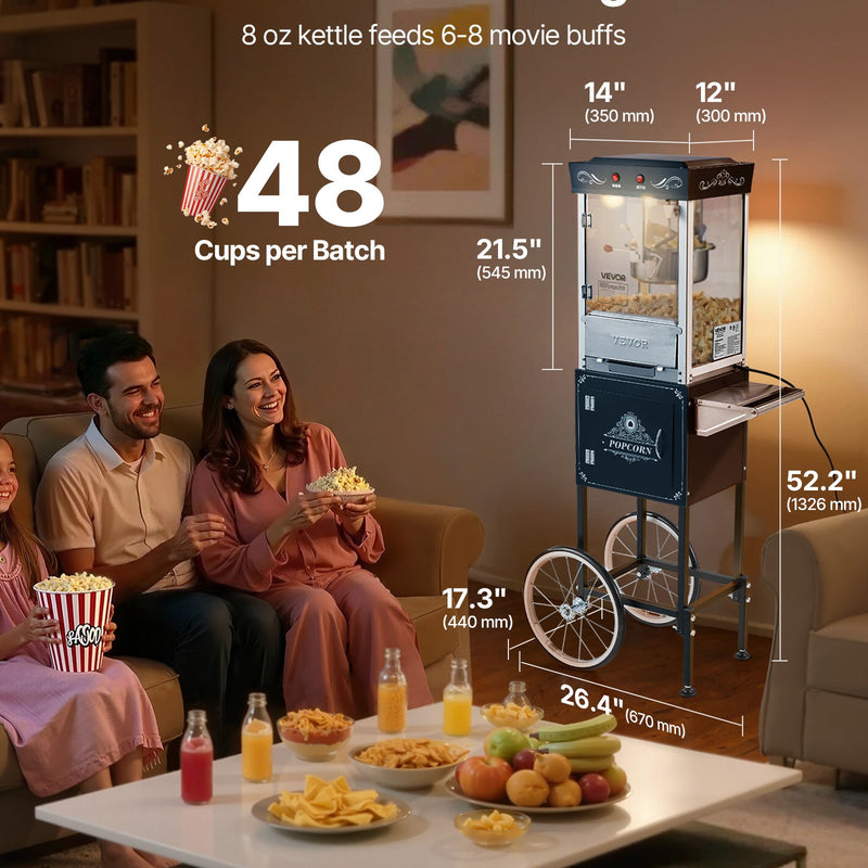 Popkorna mašīna ar ratiņiem, 0,2 kg nerūsējošā tērauda katls, 800 W, 48 porcijas, stikla sienas, PC durvis, melna
