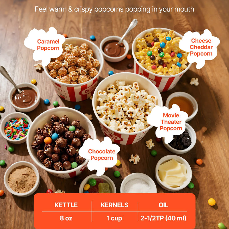 Popkorna mašīna ar ratiņiem, 0,2 kg nerūsējošā tērauda katls, 800 W, 48 porcijas, stikla sienas, PC durvis, melna