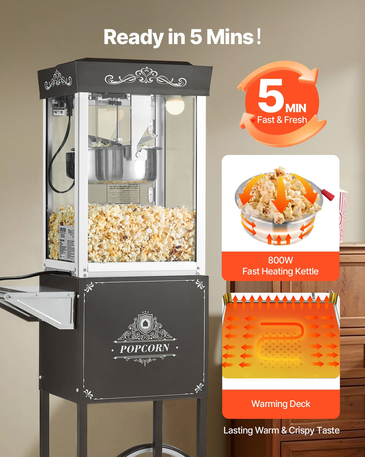 VEVOR popkornimasin käruga 800 W, 0,2 kg pott, 48 portsjonit, klaasseinad, must