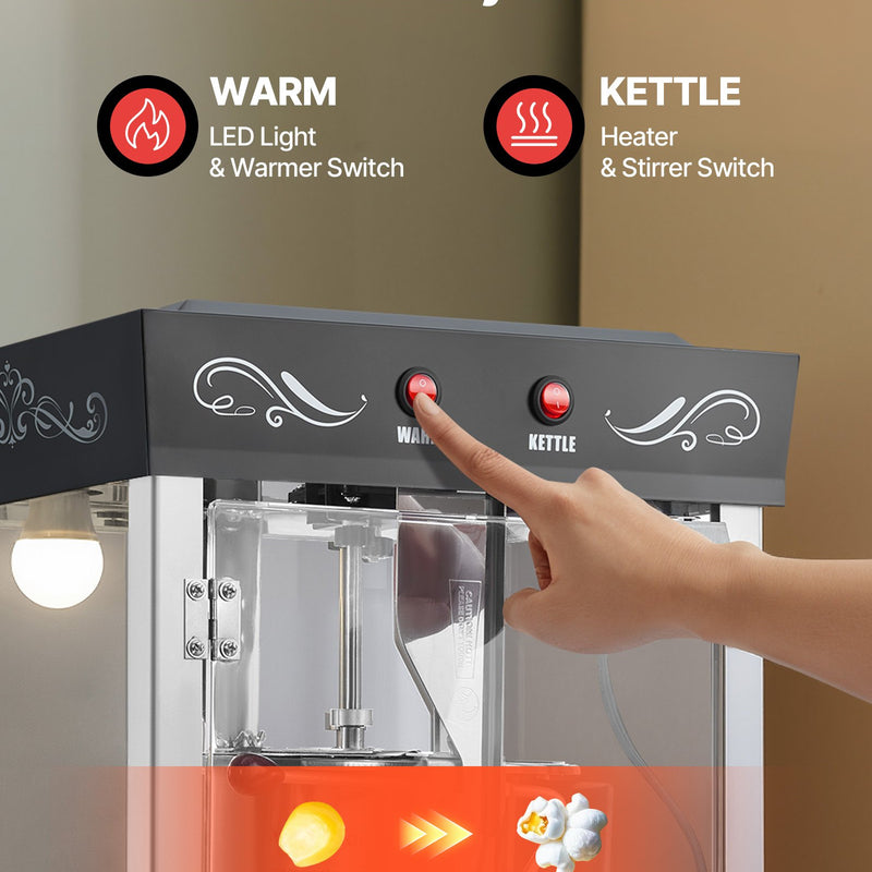 Popkorna mašīna ar ratiņiem, 0,2 kg nerūsējošā tērauda katls, 800 W, 48 porcijas, stikla sienas, PC durvis, melna