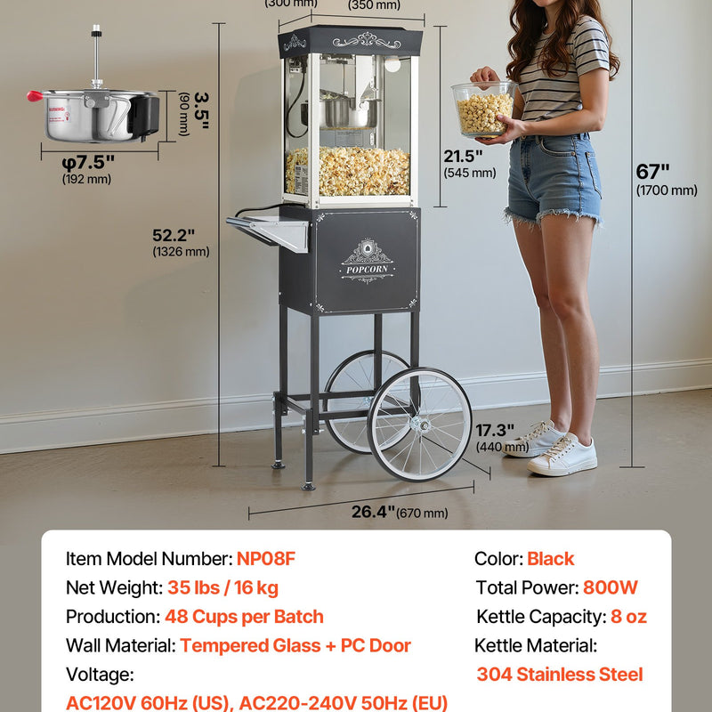 Popkorna mašīna ar ratiņiem, 0,2 kg nerūsējošā tērauda katls, 800 W, 48 porcijas, stikla sienas, PC durvis, melna