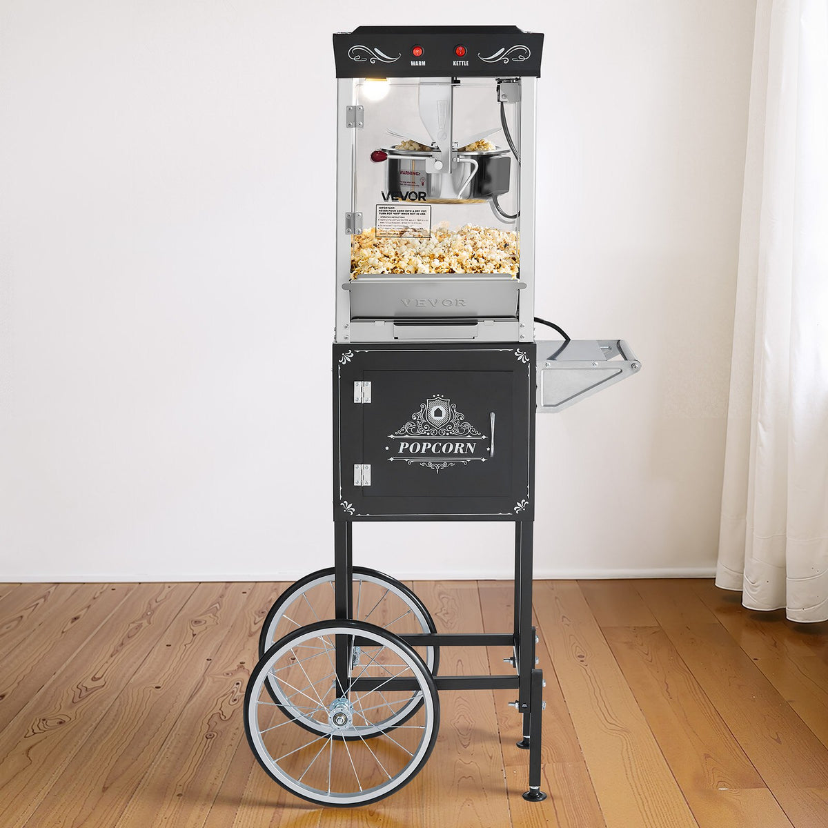 VEVOR popkornimasin käruga 800 W, 0,2 kg pott, 48 portsjonit, klaasseinad, must