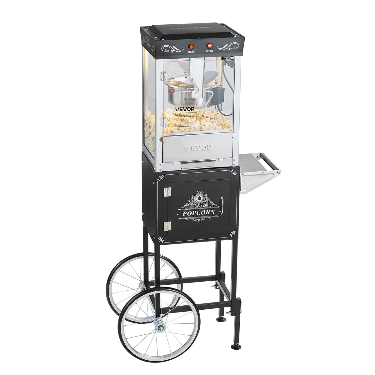 VEVOR popkornimasin käruga 800 W, 0,2 kg pott, 48 portsjonit, klaasseinad, must