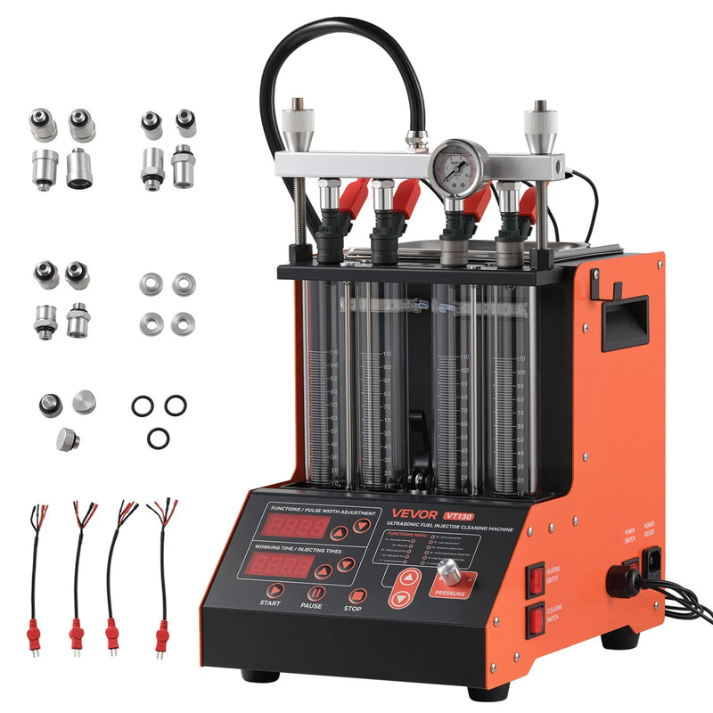 VEVOR degvielas iesmidzinātāju tīrītājs un testētājs, 9 testa režīmi, 4 cilindru 28 kHz ultraskaņas tīrīšanas iekārta, automobiļu iesmidzinātāju tīrīšanas ierīce ar drenāžas vārstu un 12 V darba spriegumu automašīnām un motocikliem