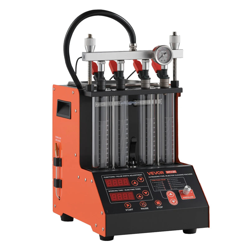 VEVOR degvielas iesmidzinātāju tīrītājs un testētājs, 9 testa režīmi, 4 cilindru 28 kHz ultraskaņas tīrīšanas iekārta, automobiļu iesmidzinātāju tīrīšanas ierīce ar drenāžas vārstu un 12 V darba spriegumu automašīnām un motocikliem