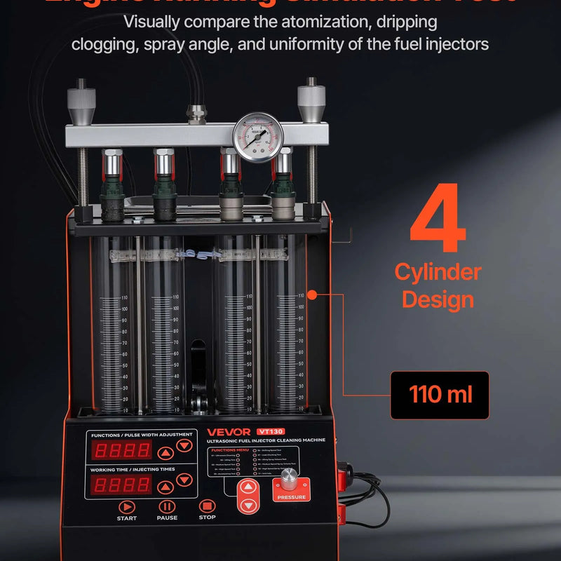 VEVOR degvielas iesmidzinātāju tīrītājs un testētājs, 9 testa režīmi, 4 cilindru 28 kHz ultraskaņas tīrīšanas iekārta, automobiļu iesmidzinātāju tīrīšanas ierīce ar drenāžas vārstu un 12 V darba spriegumu automašīnām un motocikliem