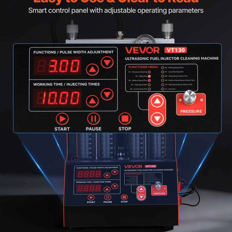 VEVOR degvielas iesmidzinātāju tīrītājs un testētājs, 9 testa režīmi, 4 cilindru 28 kHz ultraskaņas tīrīšanas iekārta, automobiļu iesmidzinātāju tīrīšanas ierīce ar drenāžas vārstu un 12 V darba spriegumu automašīnām un motocikliem