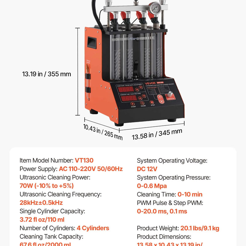 VEVOR degvielas iesmidzinātāju tīrītājs un testētājs, 9 testa režīmi, 4 cilindru 28 kHz ultraskaņas tīrīšanas iekārta, automobiļu iesmidzinātāju tīrīšanas ierīce ar drenāžas vārstu un 12 V darba spriegumu automašīnām un motocikliem