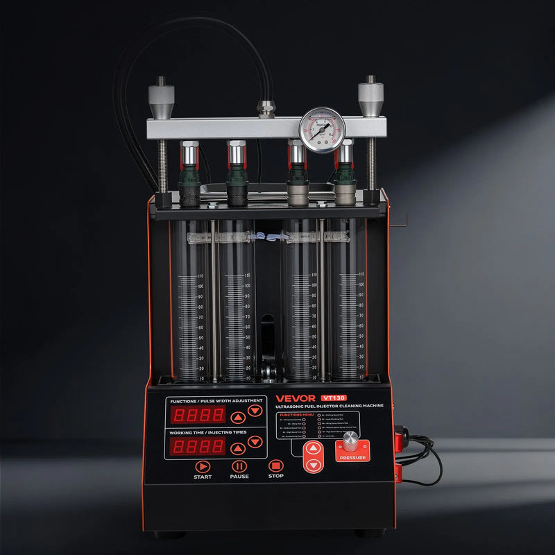 VEVOR degvielas iesmidzinātāju tīrītājs un testētājs, 9 testa režīmi, 4 cilindru 28 kHz ultraskaņas tīrīšanas iekārta, automobiļu iesmidzinātāju tīrīšanas ierīce ar drenāžas vārstu un 12 V darba spriegumu automašīnām un motocikliem