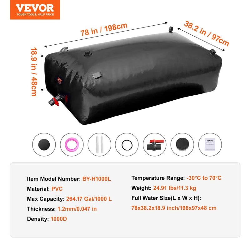 Salokāma ūdens uzglabāšanas tvertne 1000 l, PVC, pārnēsājama, melna