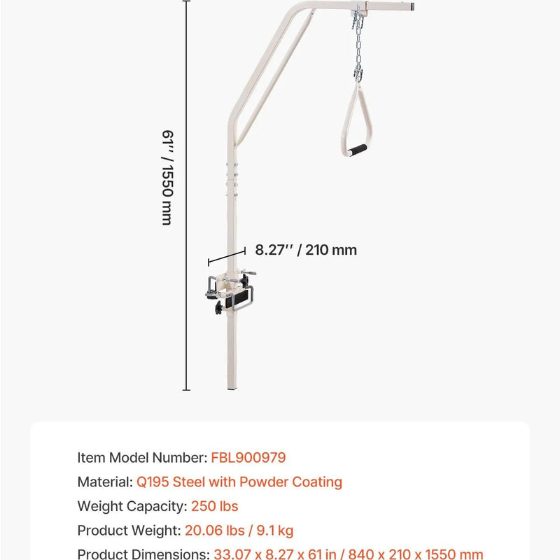 VEVOR gultas pacelšanās rāmis ar stiprinājumiem un metāla ķēdi līdz 113 kg, paredzēts mobilitātes atbalstam senioriem un personām ar kustību traucējumiem, piemērots mājas aprūpei, slimnīcām un aprūpes iestādēm - ZEMLETES.LV