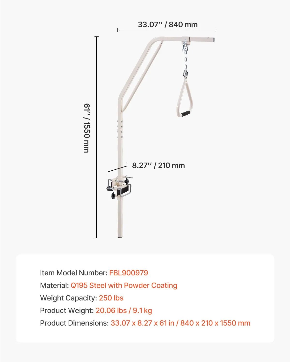 VEVOR gultas pacelšanās rāmis ar stiprinājumiem un metāla ķēdi līdz 113 kg, paredzēts mobilitātes atbalstam senioriem un personām ar kustību traucējumiem, piemērots mājas aprūpei, slimnīcām un aprūpes iestādēm - ZEMLETES.LV