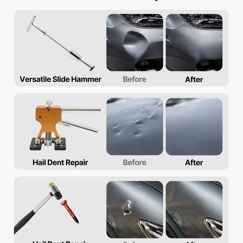 ChatGPT saka:  VEVOR 61 gab. bezkrāsas iedobumu noņemšanas komplekts ar zelta pacēlāju, bīdāmo āmuru, T-veida stieni un līmes pistoli automašīnu, ledusskapju un durvju iedobumu labošanai