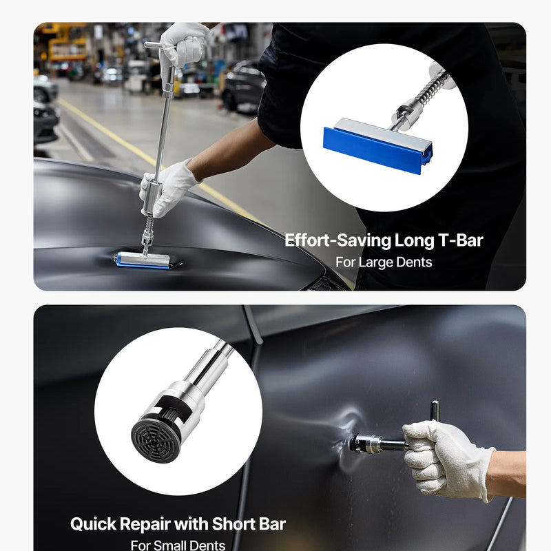 ChatGPT saka:  VEVOR 61 gab. bezkrāsas iedobumu noņemšanas komplekts ar zelta pacēlāju, bīdāmo āmuru, T-veida stieni un līmes pistoli automašīnu, ledusskapju un durvju iedobumu labošanai