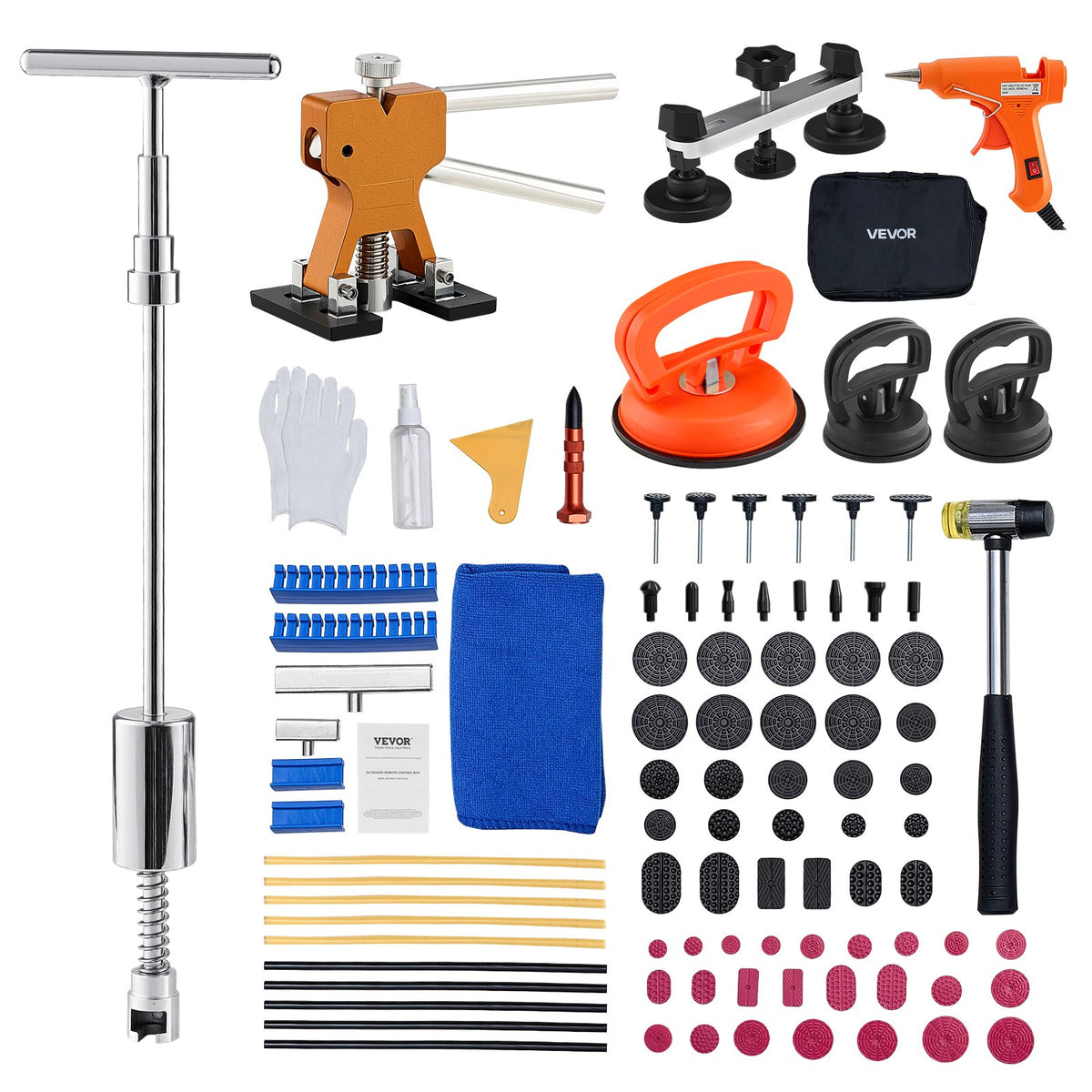 VEVOR 100 Pcs Paintless Dent Removal Kit with Gold Lifter, Bridge Puller, T-Shaped Hammer, Glue Gun and Accessories for Car Body, Refrigerator and Door Dent Repair