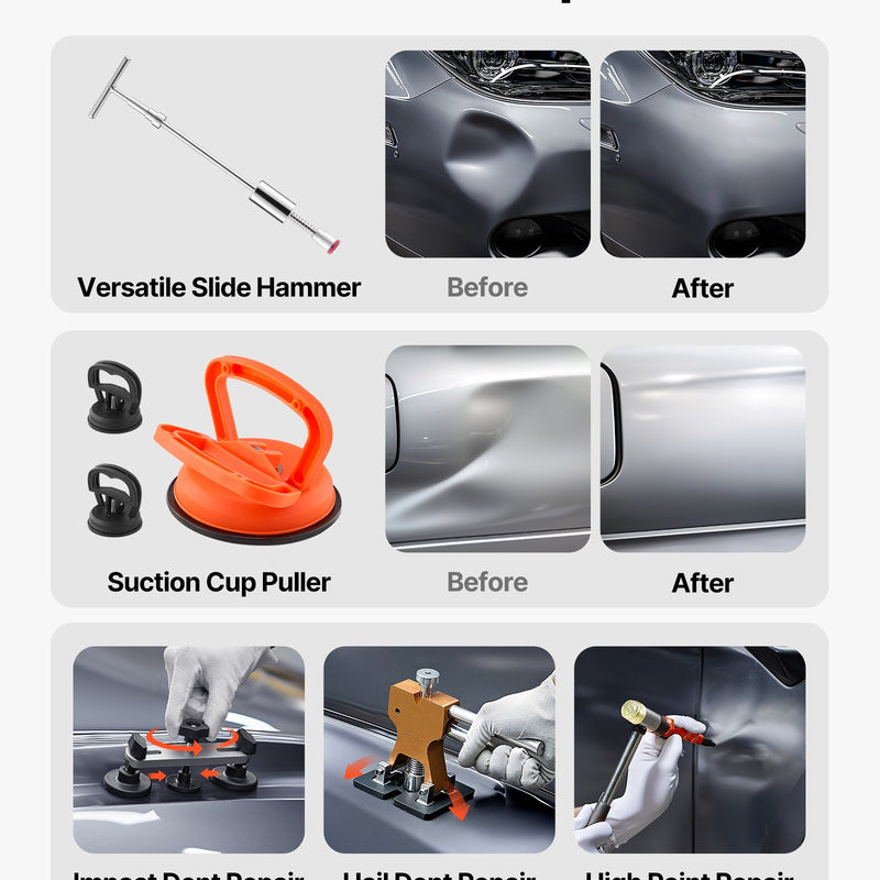 100 gab. bezkrāsas iedobumu novēršanas komplekts ar zelta pacēlāju, tilta vilcēju, T-veida āmuru, līmes pistoli un piederumiem automašīnu virsbūvju, ledusskapju un durvju iedobumu remontam