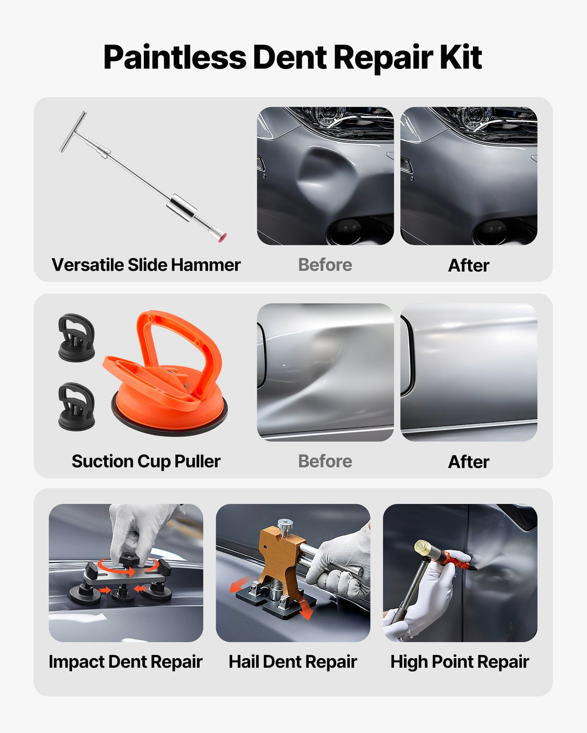 VEVOR 100 Pcs Paintless Dent Removal Kit with Gold Lifter, Bridge Puller, T-Shaped Hammer, Glue Gun and Accessories for Car Body, Refrigerator and Door Dent Repair