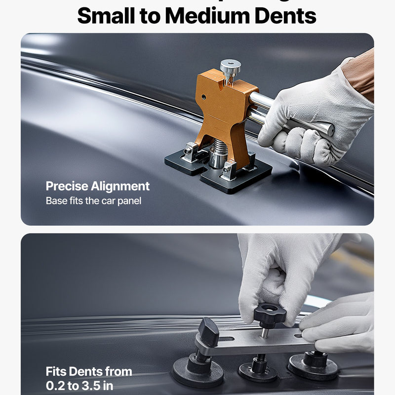 100 gab. bezkrāsas iedobumu novēršanas komplekts ar zelta pacēlāju, tilta vilcēju, T-veida āmuru, līmes pistoli un piederumiem automašīnu virsbūvju, ledusskapju un durvju iedobumu remontam