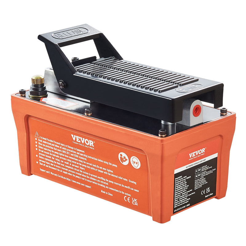 Pneimohidrauliskais sūknis 6895 bar ar 1,9 L tvertni, eļļļas izeja NPT 10 mm, ieeja NPT 6,4 mm, 2 m šļūtene, kājas pedāļa vadība, piemērots auto virsbūves rāmja labošanas iekārtām un vilkšanas statņiem, oranžs