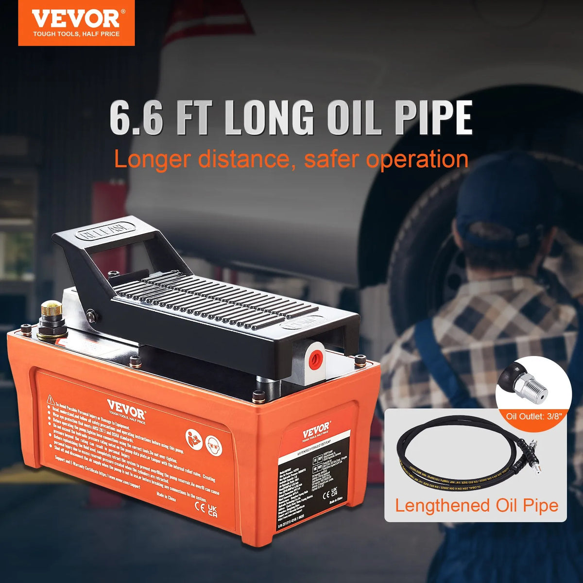 VEVOR Pneumatic Hydraulic Foot Pump 689 bar, 1.9 l Tank, 2 m Hose, Orange