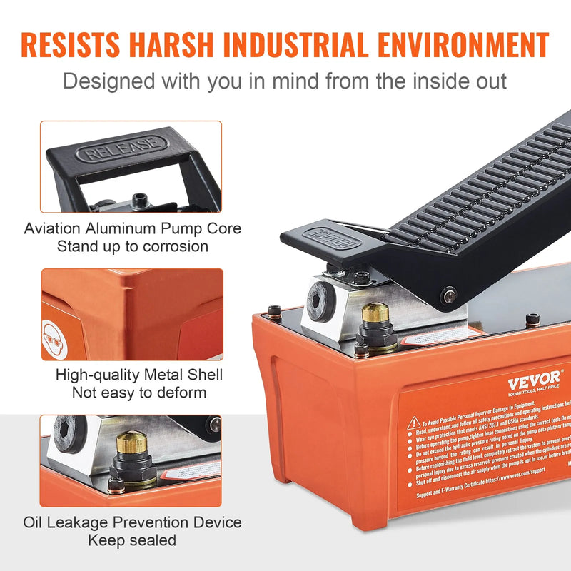 Pneimohidrauliskais sūknis 6895 bar ar 1,9 L tvertni, eļļļas izeja NPT 10 mm, ieeja NPT 6,4 mm, 2 m šļūtene, kājas pedāļa vadība, piemērots auto virsbūves rāmja labošanas iekārtām un vilkšanas statņiem, oranžs