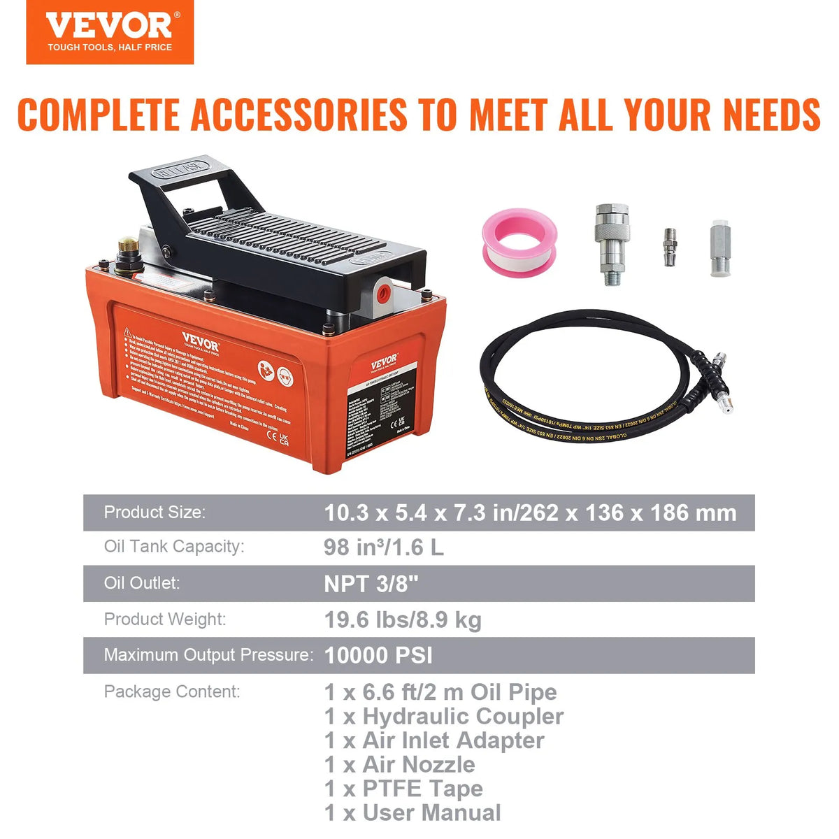 VEVOR Pneumatic Hydraulic Foot Pump 689 bar, 1.9 l Tank, 2 m Hose, Orange