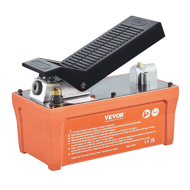 Pneimohidrauliskais sūknis 6895 bar ar 1,9 L tvertni, eļļļas izeja NPT 10 mm, ieeja NPT 6,4 mm, 2 m šļūtene, kājas pedāļa vadība, piemērots auto virsbūves rāmja labošanas iekārtām un vilkšanas statņiem, oranžs