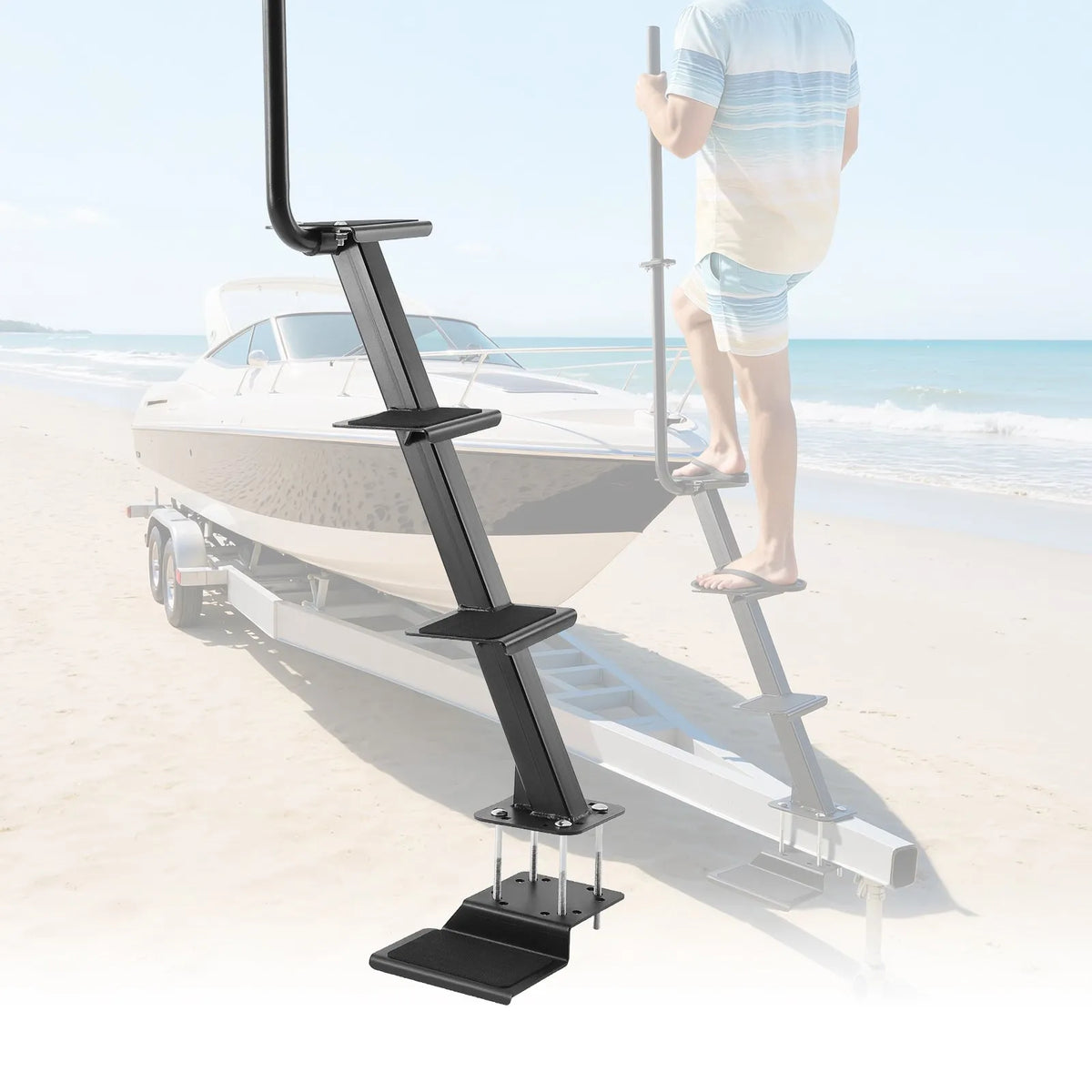 VEVOR 4-Step Boat Trailer Boarding Ladder with Handrail and Non-Slip Surface, 3 Mounting Angles, Frames 76.2 × 76.2 / 76.2 × 127 / 101.6 × 101.6 mm, Bottom Mount