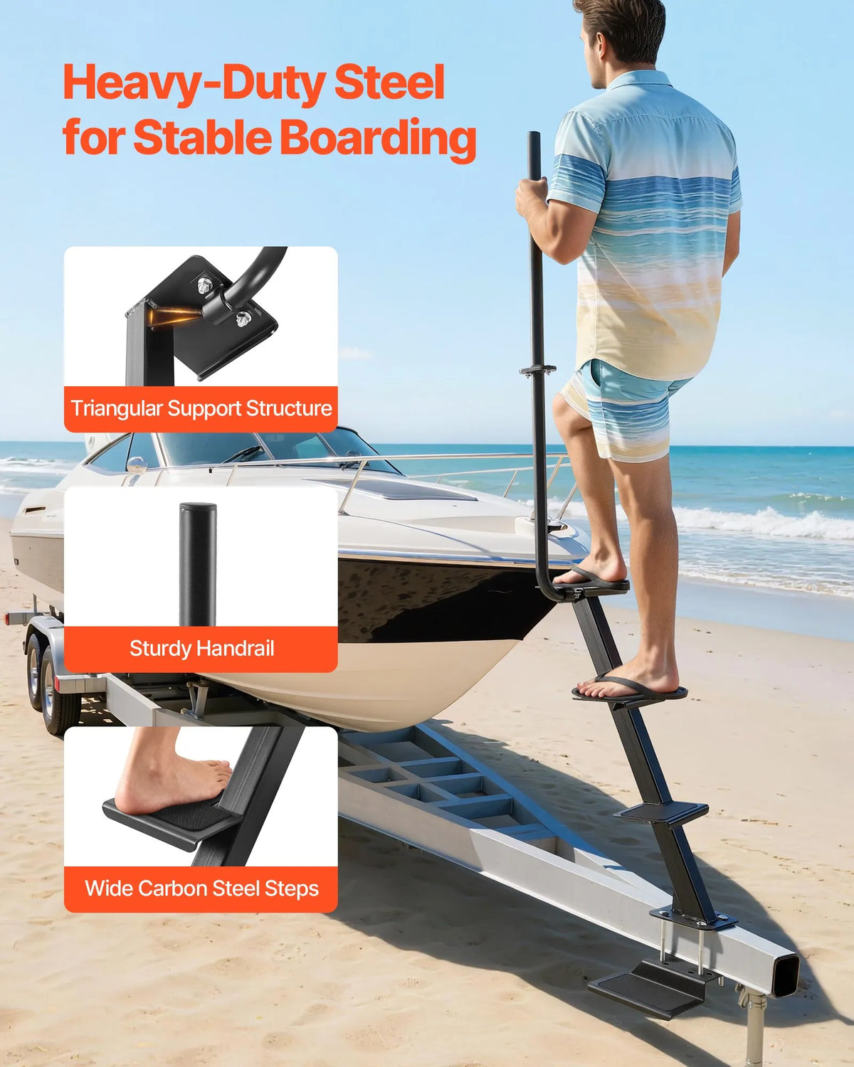 VEVOR 4-Step Boat Trailer Boarding Ladder with Handrail and Non-Slip Surface, 3 Mounting Angles, Frames 76.2 × 76.2 / 76.2 × 127 / 101.6 × 101.6 mm, Bottom Mount