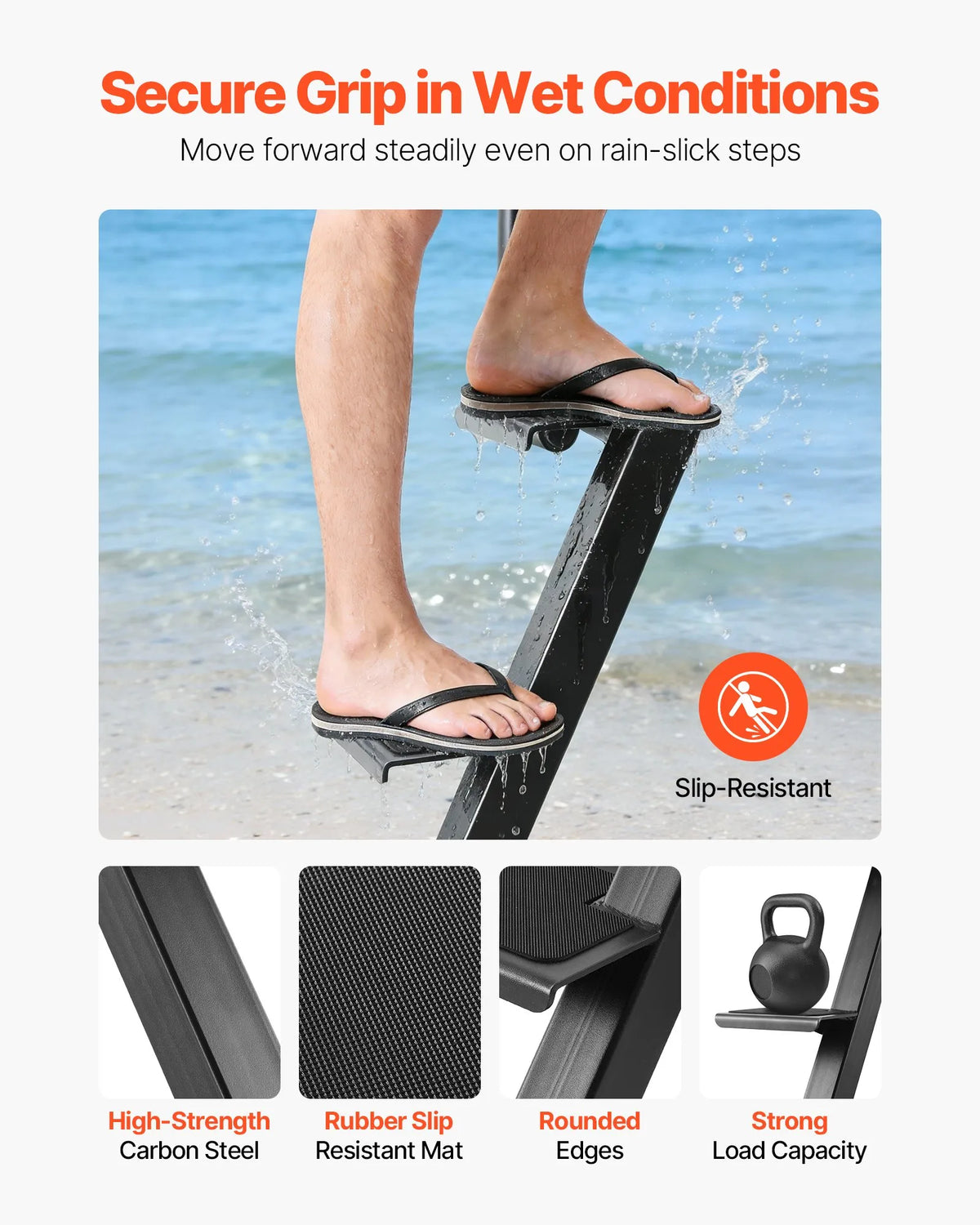 VEVOR 4-Step Boat Trailer Boarding Ladder with Handrail and Non-Slip Surface, 3 Mounting Angles, Frames 76.2 × 76.2 / 76.2 × 127 / 101.6 × 101.6 mm, Bottom Mount