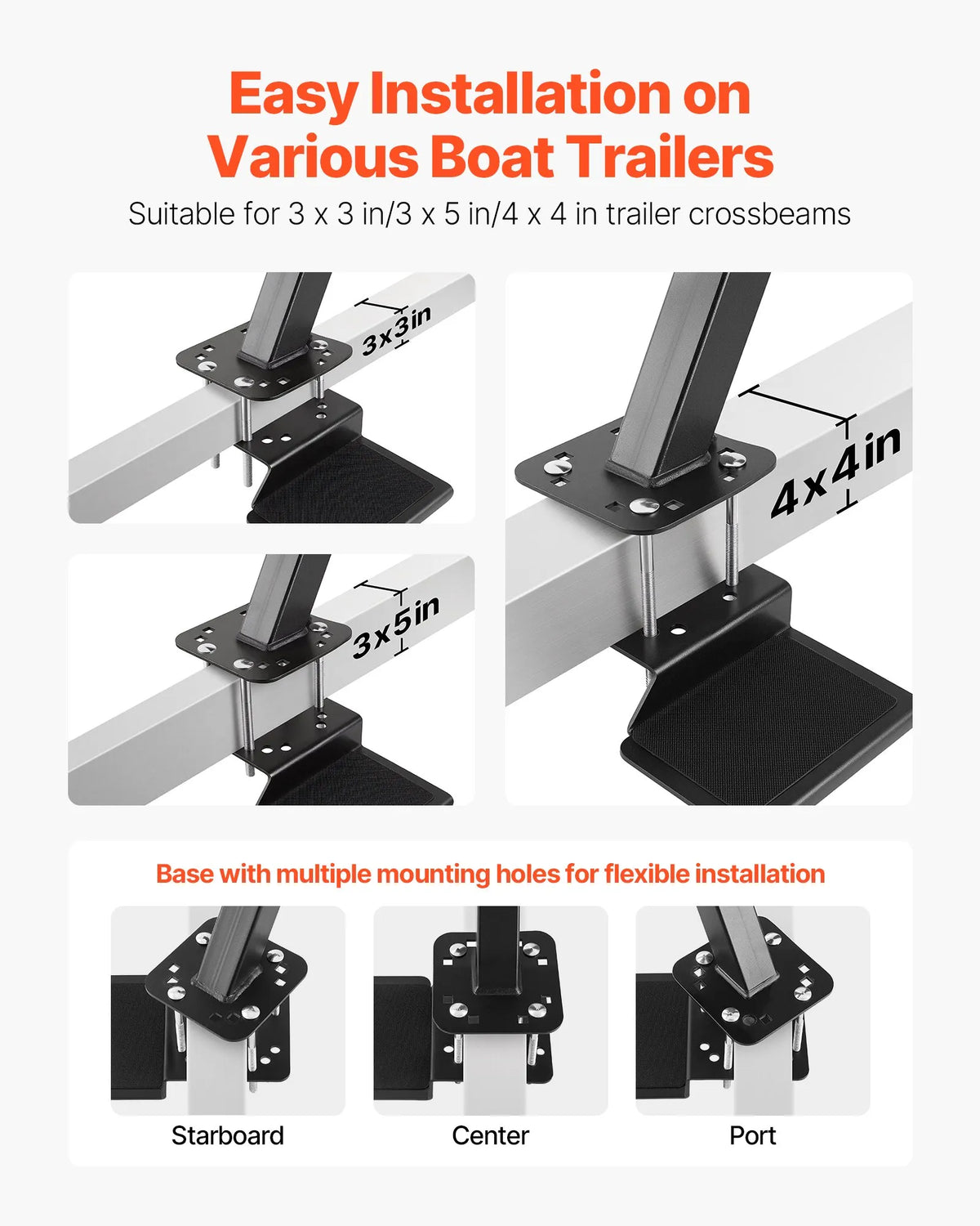 VEVOR 4-Step Boat Trailer Boarding Ladder with Handrail and Non-Slip Surface, 3 Mounting Angles, Frames 76.2 × 76.2 / 76.2 × 127 / 101.6 × 101.6 mm, Bottom Mount