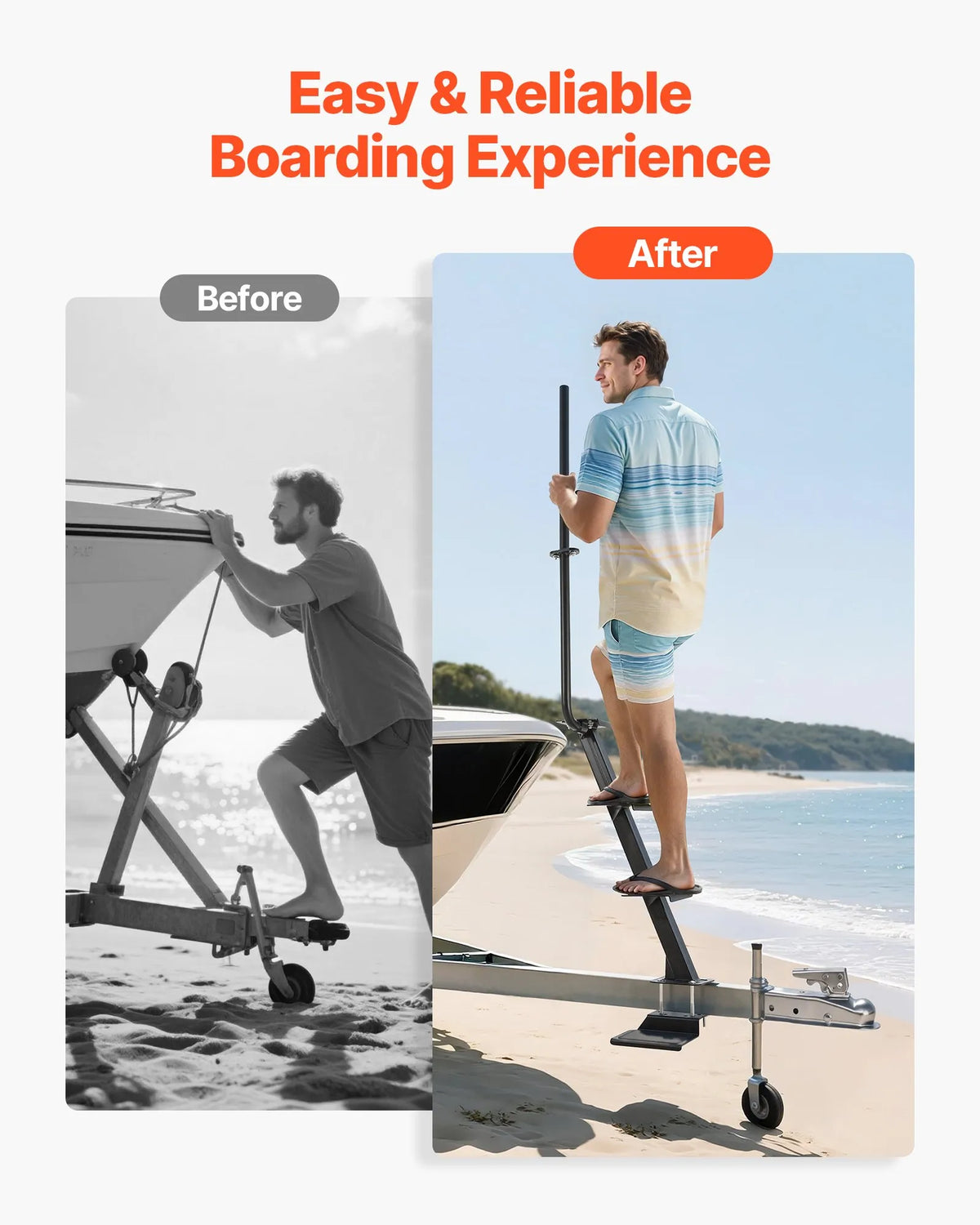VEVOR 4-Step Boat Trailer Boarding Ladder with Handrail and Non-Slip Surface, 3 Mounting Angles, Frames 76.2 × 76.2 / 76.2 × 127 / 101.6 × 101.6 mm, Bottom Mount